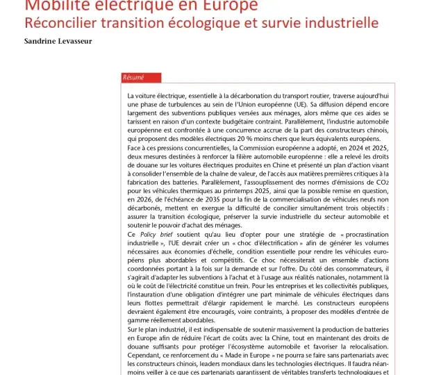 Mobilité électrique en Europe:  Réconcilier transition écologique et survie industrielle